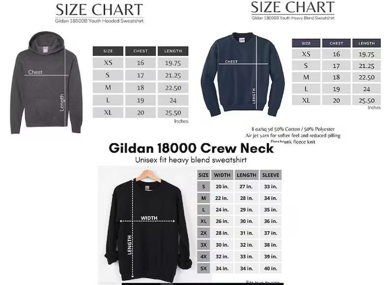 The image is a size chart for a Gildan 18000 Crew Neck unisex fit heavy blend sweater. It includes measurements for chest, waist, hips, shoulders, arms, and legs, along with corresponding sleeve and neck measurements. The chart also provides a range of sizes for the crew neck and sleeve, as well as a range of sizes for the hips and shoulders. The image is a collage of three images, each depicting a different part of the crew neck and sleeve measurements.