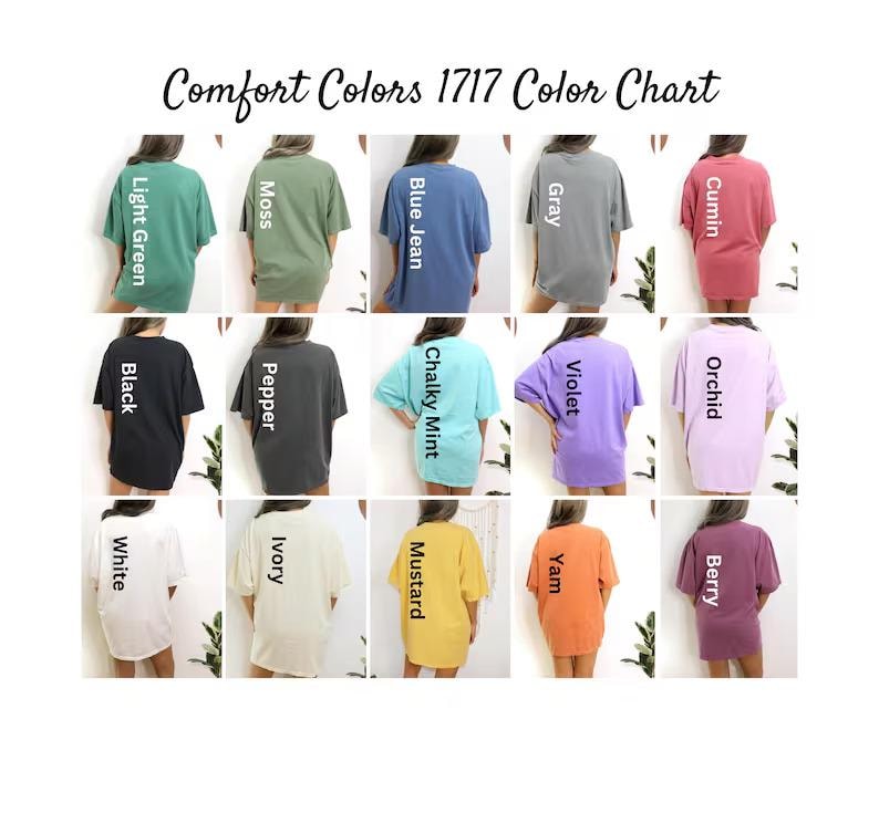 The image is a color chart displaying various comfort colors, each with a different name. The chart is organized into a grid of 12 rows and 3 columns, with each color name written on the back of a t-shirt.
