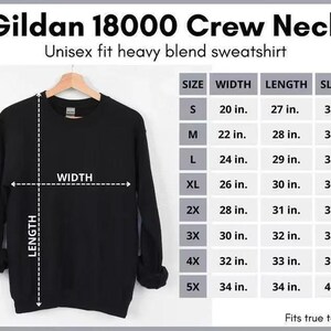 a black crew neck T-shirt with measurements and sizes listed below it.
