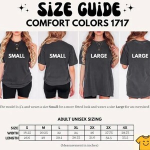 The image is a size guide for a collection of t-shirts, showing the different sizes available in a relaxed and casual style.