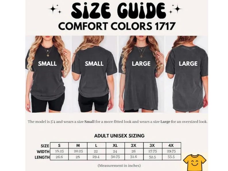 The image is a size guide for a collection of t-shirts, showing the different sizes available in a relaxed and casual style.