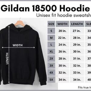 a black hoodie with measurements and size information, including a table with the corresponding measurements for different sizes.