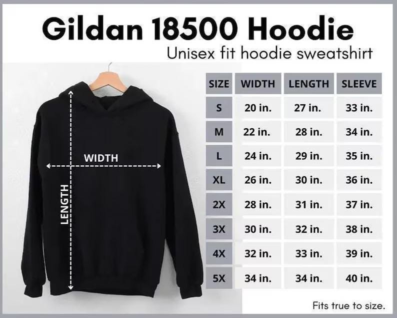 a black hoodie with measurements and size information, including a table with the corresponding measurements for different sizes.