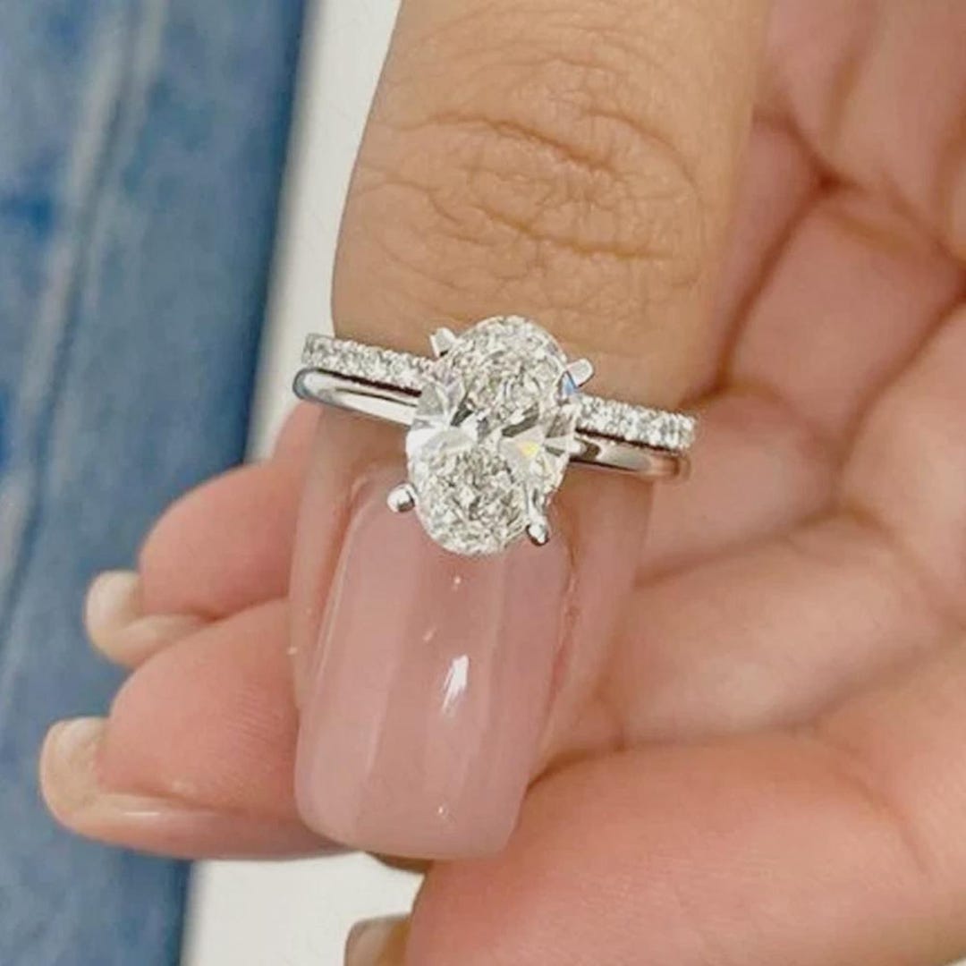 2.19ct. Oval Cut Moissanite Engagement Bridal Ring Set 14K White Gold ...
