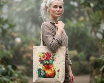 Colorful Rooster with Sunglasses and Flower Crown Tote | Canvas Market Bag