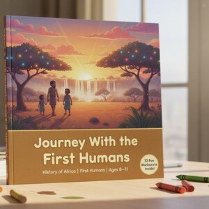 May include: A hardcover book titled "Journey With the First Humans" is displayed on a table. The cover art depicts a family walking towards a sunset over an African landscape. Crayons are scattered around the book.