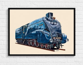 Stoomtrein Art Print - LNER-klasse A4 - Handgetekende spoorwegmuurkunst - Cadeau voor treinliefhebbers