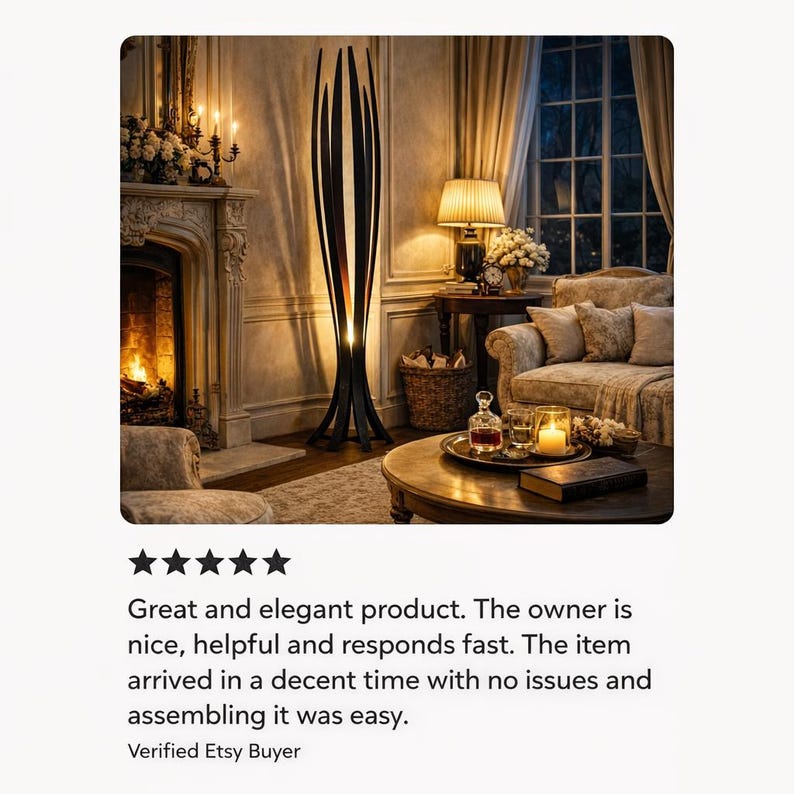 May include: A striking black floor lamp with an unusual, abstract form. The lamp features a series of vertical, curved sections, giving it an open, light appearance. The lamp is in a living room setting with a fireplace, sofa, and side table.
