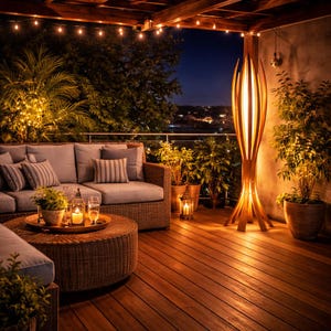May include: Night-time outdoor patio scene with wooden flooring and furniture. A tall wooden floor lamp is illuminated, and string lights hang above. A wicker sofa with grey cushions and pillows is on the left, and potted plants are throughout.
