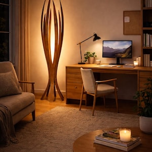 May include: A well-lit living room with a distinctive wooden floor lamp. The lamp has a tall, abstract design. The room also features a wooden desk with a computer, an armchair, and a round coffee table. A rug and soft lighting create a comfortable atmosphere.