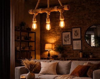 Luminária rústica de madeira, luminária de teto exclusiva para sala de jantar, lustre de madeira com borda natural em estilo casa de campo.