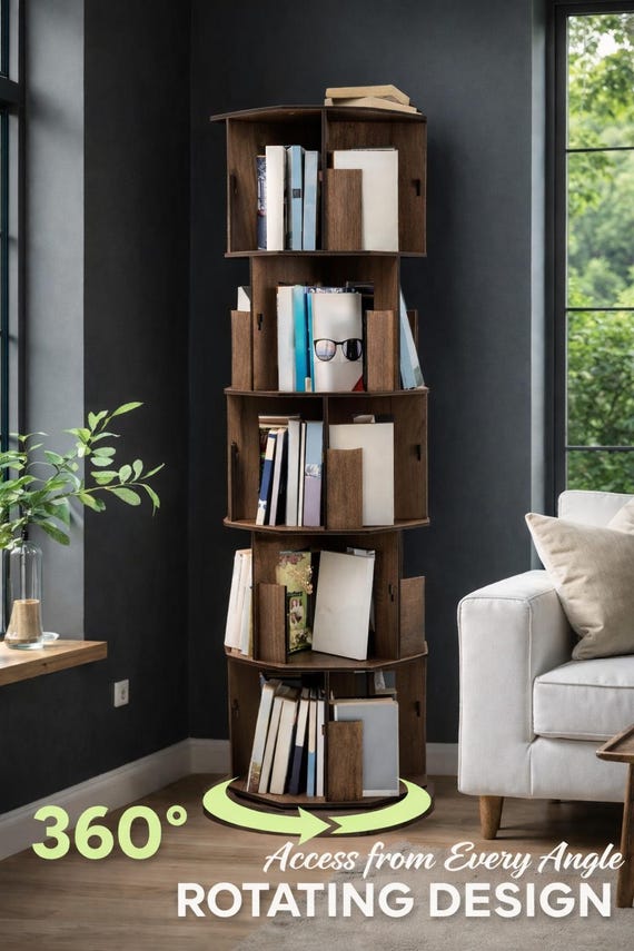 Wooden bookshelf, rotating bookshelf, wooden rotating shelf