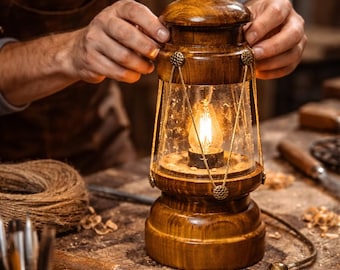 Abajur de mesa rústico de madeira | Luminária decorativa vintage feita à mão | Luz quente, decoração aconchegante para casa, ideia para presente