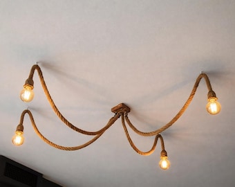 Lustre rústico de corda | Luminária de teto vintage com lâmpada Edison | Decoração industrial e boho | Design artesanal