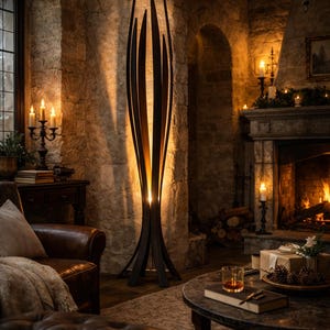 May include: A striking dark brown floor lamp with an abstract design dominates a cosy living room. The lamp's vertical, curved elements create a distinctive silhouette. The room features a fireplace, candles, and leather furniture, creating a warm, inviting atmosphere.