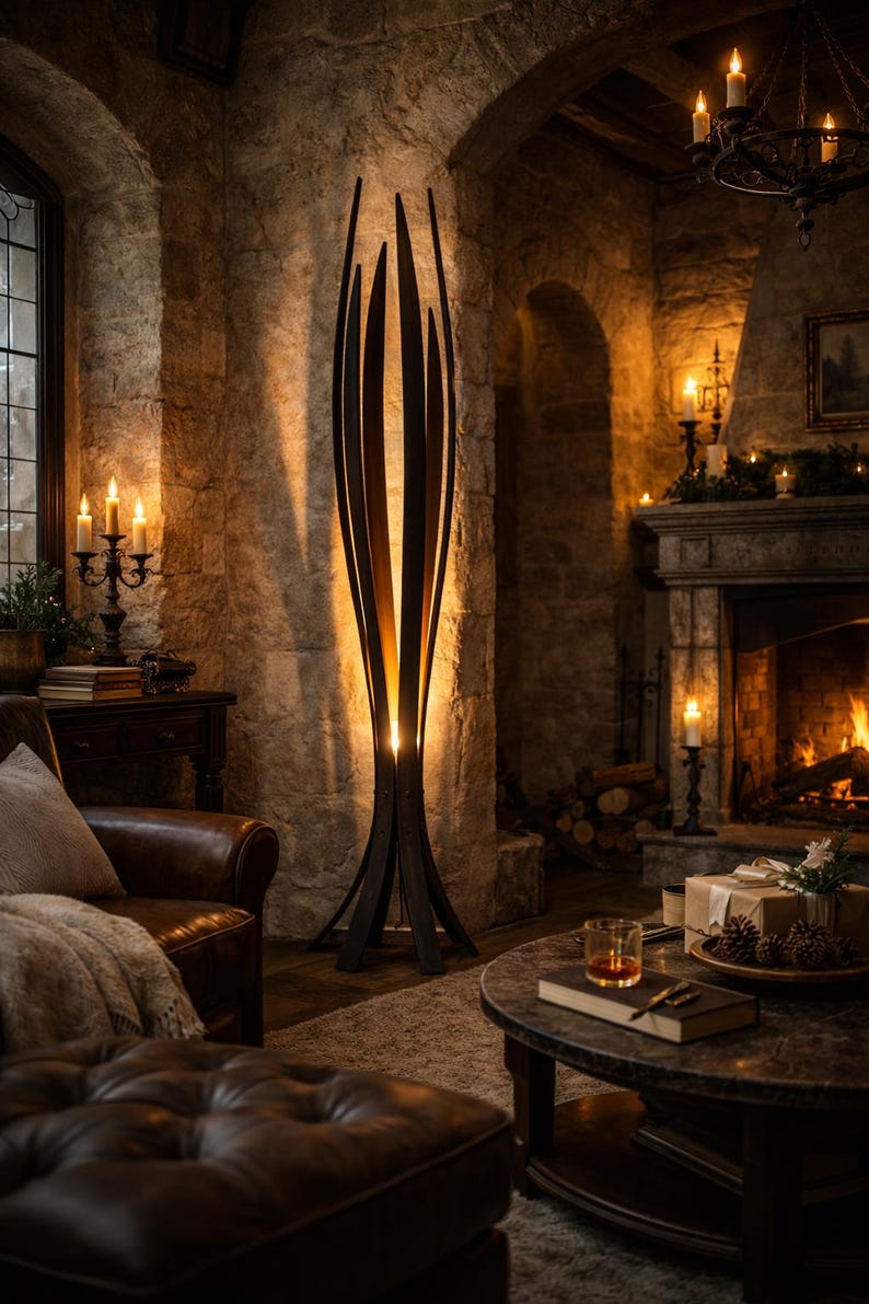 May include: A striking dark brown floor lamp with an abstract design dominates a cosy living room. The lamp's vertical, curved elements create a distinctive silhouette. The room features a fireplace, candles, and leather furniture, creating a warm, inviting atmosphere.