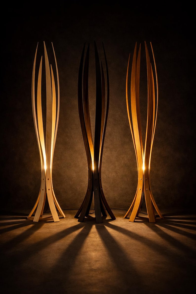 May include: Three contemporary wooden floor lamps with a distinctive, elongated form. Each lamp has vertical wooden slats that curve upwards, forming an open, organic shape. The lamps are illuminated internally, casting warm light and long shadows against a dark backdrop.