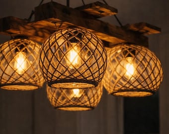 Luminária rústica de madeira de oliveira, luminária de teto exclusiva para sala de jantar, lustre de madeira com borda natural em estilo casa de campo.