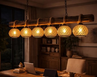 Lustre estilo boho, lustre rústico de madeira feito à mão, luminária de madeira, iluminação para casa de campo e cozinha.