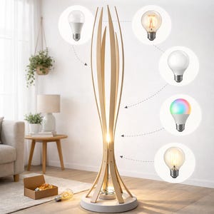 May include: A contemporary wooden floor lamp with a distinctive design, composed of curved wooden slats. The image showcases various E27 light bulbs, including LED and vintage styles. Text on the image reads "E27 Bulb Compatible" and "E27 Socket".