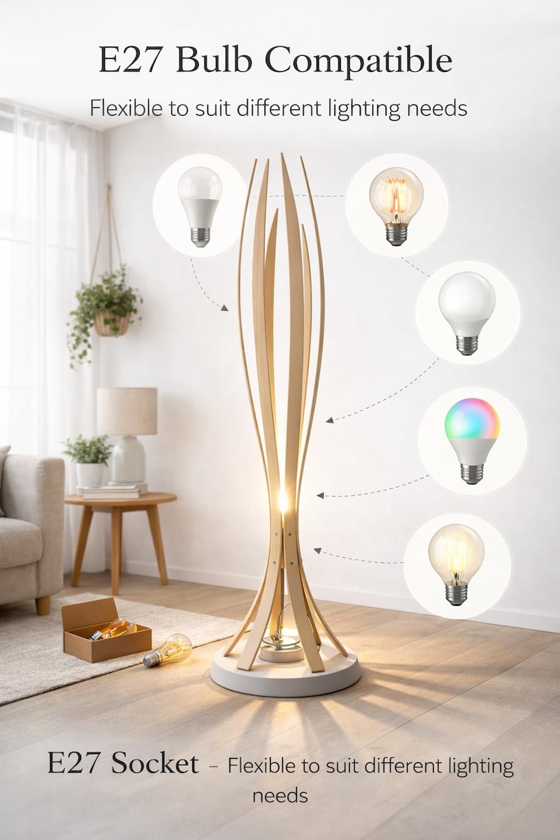 May include: A contemporary wooden floor lamp with a distinctive design, composed of curved wooden slats. The image showcases various E27 light bulbs, including LED and vintage styles. Text on the image reads "E27 Bulb Compatible" and "E27 Socket".