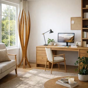 May include: A bright home office featuring a wooden desk, chair, and bookshelf. A black desk lamp and computer monitor are on the desk. A tall, decorative wooden sculpture stands near a window. A beige rug and sofa complete the room.