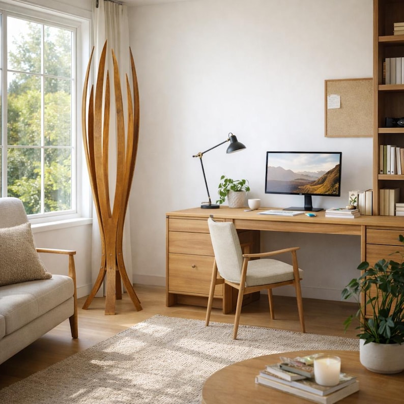 May include: A bright home office featuring a wooden desk, chair, and bookshelf. A black desk lamp and computer monitor are on the desk. A tall, decorative wooden sculpture stands near a window. A beige rug and sofa complete the room.