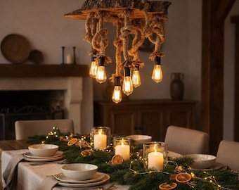 Rustic Olive Wood Lighting Fixture, Unique Ceiling Lamp for Dining Room, Farmhouse Style Wooden Natural Edge Chandelier,