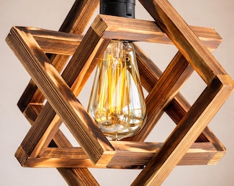 Lustre geométrico de madeira feito à mão, luminária pendente rústica de madeira, luminária de teto boho, iluminação moderna para casa de campo, luminária suspensa de madeira natural