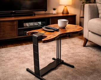 Mesa lateral de madeira maciça com borda natural – Mesa de centro artesanal – Mesa de sofá rústica moderna – Mesa de destaque exclusiva em madeira – Móveis de madeira natural