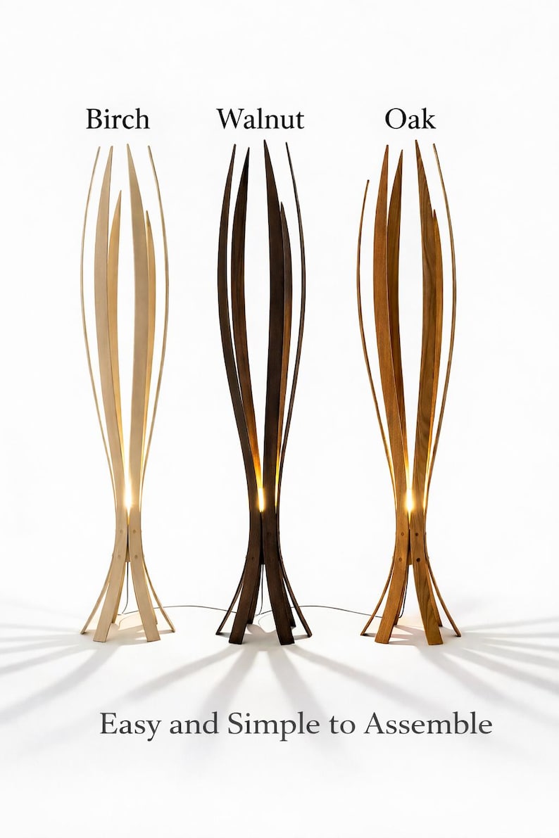 May include: Three wooden floor lamps in birch, walnut, and oak. Each lamp has a unique design with vertical wooden slats and a warm light emanating from within. The lamps are labelled with their wood type and the text "Easy and Simple to Assemble".