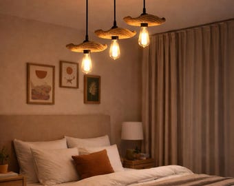 Lustre Boho de Juta Feito à Mão | Luminária de Teto Pendente com 3 Lâmpadas | Cúpula de Juta Ajustável | Iluminação Moderna e Rústica para Casa