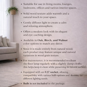May include: Product features text, including solid wood texture and suitability for living rooms. Available in Oak, Birch, and Walnut. Dimensions are 40 x 40 x 190 cm.