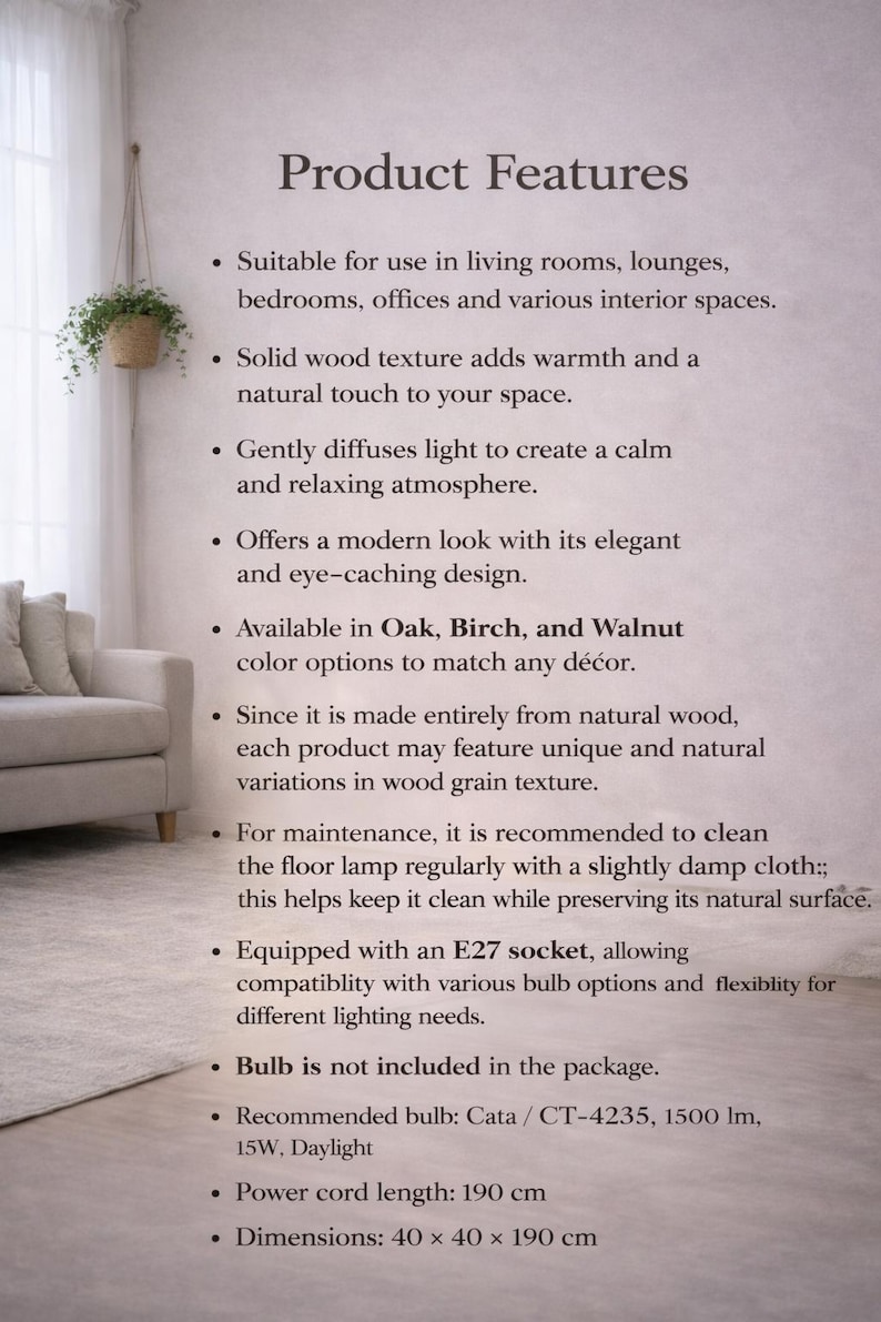 May include: Product features text, including solid wood texture and suitability for living rooms. Available in Oak, Birch, and Walnut. Dimensions are 40 x 40 x 190 cm.