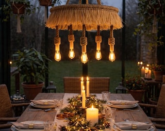 Luminária rústica de bambu, luminária de teto exclusiva para sala de jantar, lustre de madeira com borda natural em estilo casa de campo.