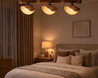 Lustre rústico de madeira com corda, luminária pendente de madeira feita à mão, iluminação para ilha de cozinha estilo fazenda, luminária de teto boho natural, lustre rústico.