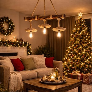 Rustikaler Seil Holz Kronleuchter, handgefertigtes Holz Anhänger Licht, Bauernhaus Küche Insel Beleuchtung, Boho natürliche Deckenleuchte, rustikaler Kronleuchter,