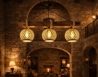 Lustre rústico de madeira feito à mão, lustre estilo boho, luminária de madeira, iluminação para casa de campo e cozinha.