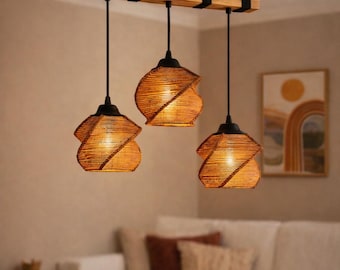 Rustic Olive Wood Lighting Fixture, Unique Ceiling Lamp for Dining Room, Farmhouse Style Wooden Natural Edge Chandelier,