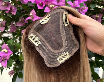 12" Real Human Hair Topper, Balayage Blonde (T4/BC/613), 11x12cm Breathable Mesh Base with Clips for Thinning Hair and Volume