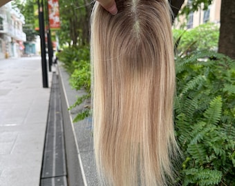 Extensiones de cabello rubio ceniza con raíces, con clip, para cabello fino / Extensiones de coronilla rubias ombré de 14" (10 x 12 cm).