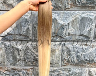 Extensiones de cabello Genius hechas a mano, color gris oscuro, rubio cálido, reflejos marrones, 50 g