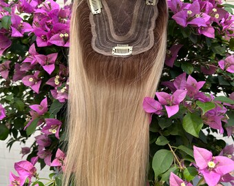 12" Human Hair Topper for Thinning Hair, 11x12cm  Hairpiece, Clip-in Balayage Blonde Hair Topper T4-8/613, Crown Hair Extensions