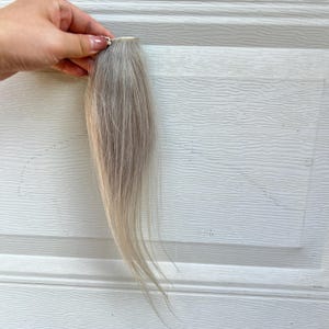 May include: A clip-in hair extension with a blend of grey and blonde tones. The hair piece is held by a small, silver-coloured clip at the top. The hair is straight and appears to be about 25 cm long.