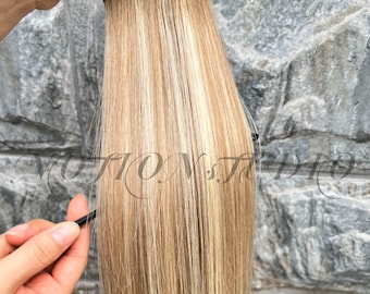 Extensiones eslavas sin costuras, atadas a mano, con trama Genius, balayage, cabello rubio virgen ruso