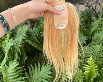 12" Silk Base Human Hair Topper with Bangs #27 Honey Blonde 2x3.5" Hand-Tied Clip-in Hairpiece