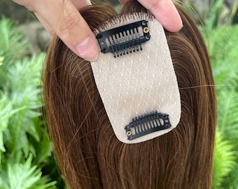 Real Human Hair Topper, 12 Inch Medium Brown Hairpiece with Silk Base, Middle Part Hair Crown Topper for Thinning Hair, Clip In Hairpiece