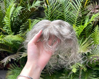Grey Short Wavy Human Hair Topper with Bangs - 9x12cm Breathable Base, 25cm Salt and Pepper Curly Hairpiece for Thinning Hair / Hair Loss