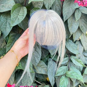 May include: A silver-gray hairpiece with long bangs. The hairpiece is held against a backdrop of green leaves and pink flowers. The hairpiece appears to be made of synthetic fibers.