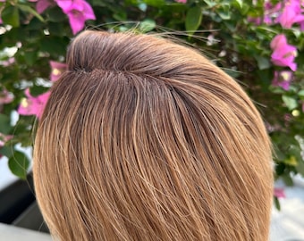 100% Human Hair Topper for Women Thinning Hair, 12" Balayage Brown Blonde Hairpiece, 4.3x4.7"  Base Crown Hair Extensions Clip In